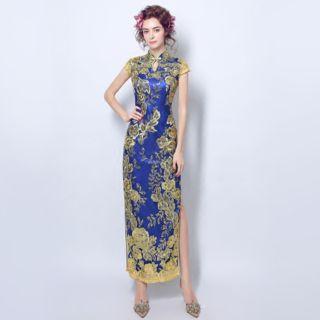 Cap-sleeve Crystal Embroidery Maxi Cheongsam