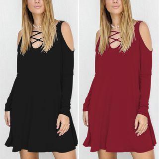 Cross Strap Cut Out Shoulder Long Sleeve Dress