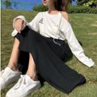 Cold Shoulder Long-sleeve T-shirt / A-line Midi Skirt