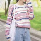 Striped Long-sleeve Knit Top Pink - One Size