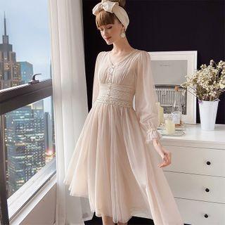 Set: Slipdress + Long-sleeve Lace Trim Midi A-line Dress