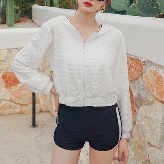 Set: Spaghetti Strap Swim Top + Bottom + Zip-up Hooded Jacket
