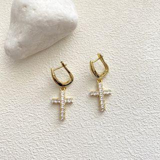 Cross Rhinestone Dangle Earring 1 Pair - Gold - One Size