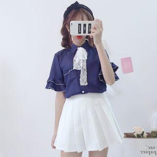Elbow-sleeve Frilled Blouse / Mini Pleated Skirt