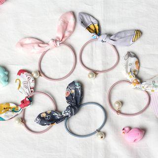 Printed Bow Faux Pearl Hair Tie
