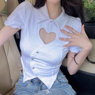 Short-sleeve Heart Cutout Irregular Crop Shirt