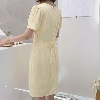 Square-neck Tie-waist Linen Blend Dress