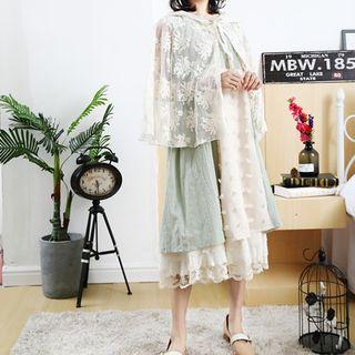 Set: Sleeveless Panel A-line Dress + Hooded Lace Capelet