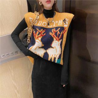 Deer Print Sweater Vest / Long-sleeve Turtleneck Top