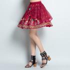 Elastic-waist Flower Embroidered A-line Skirt