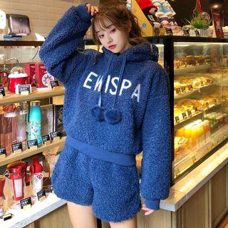 Set: Fleece Lettering Pom Pom Hoodie + Wide Leg Shorts