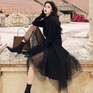 Split Hem Long Sweater / Midi A-line Mesh Skirt