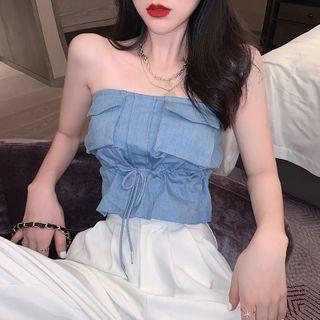Drawstring Denim Tube Top Light Blue - One Size