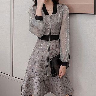 Contrast Trim Zip Long-sleeve Mini A-line Dress