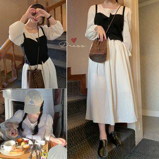 Long-sleeve Square Neck Plain Dress White - One Size