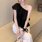 Off-shoulder Ruffle Plain Top / High-waist Wide-leg Pants