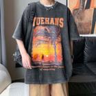 Short-sleeve Lettering Tree Print T-shirt