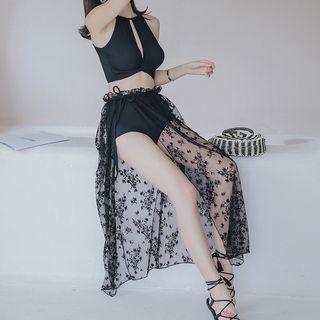 Set: Halter Swim Top + Bottom + Cover-up Skirt