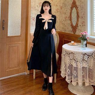 Long-sleeve Bow Slit Midi A-line Dress