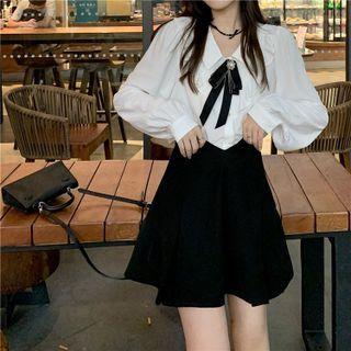 Puff-sleeve Bow Accent Shirt / High Waist Mini A-line Skirt