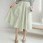 Pocket-side Pleated Long Flare Skirt
