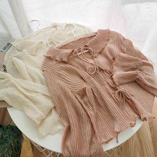 Lettuce Edge Tie-front Long-sleeve Cropped Blouse