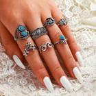 Set Of 7: Turquoise / Alloy Ring (assorted Designs) 9217 - Silver - One Size