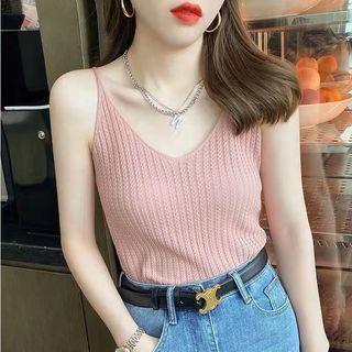 Spaghetti-strap V-neck Plain Knit Top