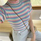 Color-block Striped Short-sleeve Top As Figure - One Size