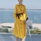 Long Sleeve Plain Tie-waist Midi Shirtdress