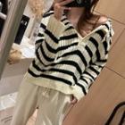 Long-sleeve Sailor Collar Striped Knit Top Stripe - One Size