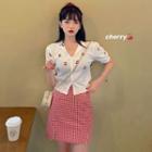 Cherry Embroidered Short-sleeve Knit Top / Gingham Mini Pencil Skirt