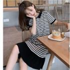 Striped Short-sleeve A-line Dress Black - One Size