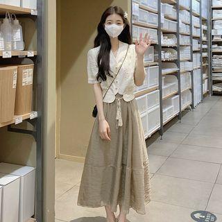 Short-sleeve Lace Trim Shirt / Midi A-line Skirt