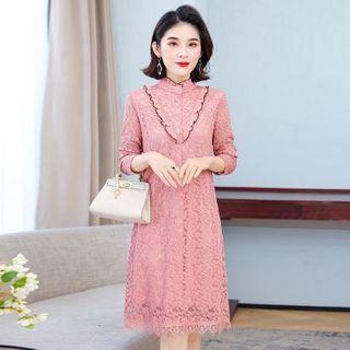 Long-sleeve Mock-neck Lace A-line Dress