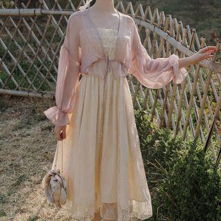 Set: Spaghetti Strap Lace A-line Midi Dress + Sheer Light Jacket