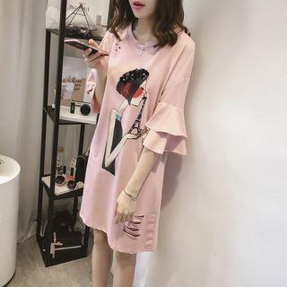 Printed Ripped Elbow Sleeve Dress