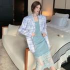 Plaid Long-sleeve Blazer / Lace Sleeveless Dress