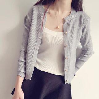 Faux Pearl Ribbed Cardigan