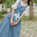 Bell-sleeve Blouse / Denim Midi A-line Overall Dress / Set