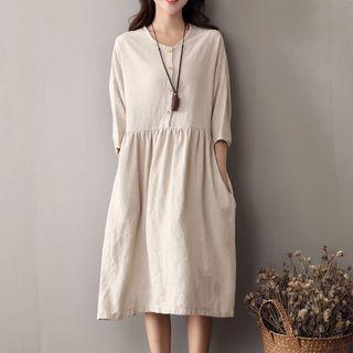 3/4-sleeve Linen Midi A-line Dress Flaxen - One Size