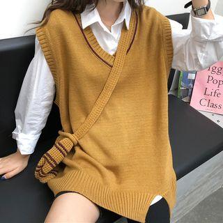 Long-sleeve Plain Shirt / Knit Vest / Knit Crossbody Bag / Set
