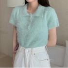 Short-sleeve Fluffy Knit Cropped Polo Shirt