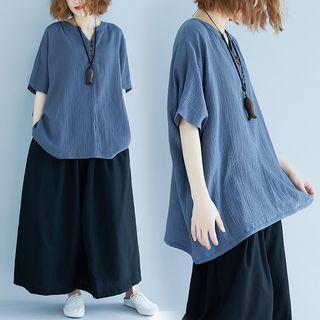 Short-sleeve Plain Blouse As Shown In Figure - One Size