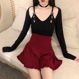 Long-sleeve Cold Shoulder Top / High Waist Knit Shorts