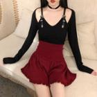 Long-sleeve Cold Shoulder Top / High Waist Knit Shorts