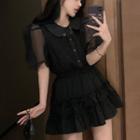 Puff-sleeve Sheer Shirt / Camisole Top / Ruffle Mini A-line Skirt / Set