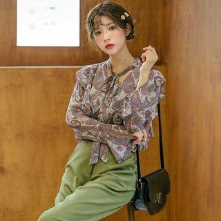 Tie-neck Bell-cuff Ruffled Paisley Blouse