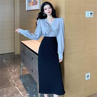 Puff-shoulder Plain Blouse / High-waist Split Hem Skirt