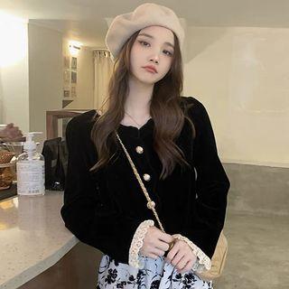 Lace Trim Velvet Blouse / Floral A-line Midi Skirt